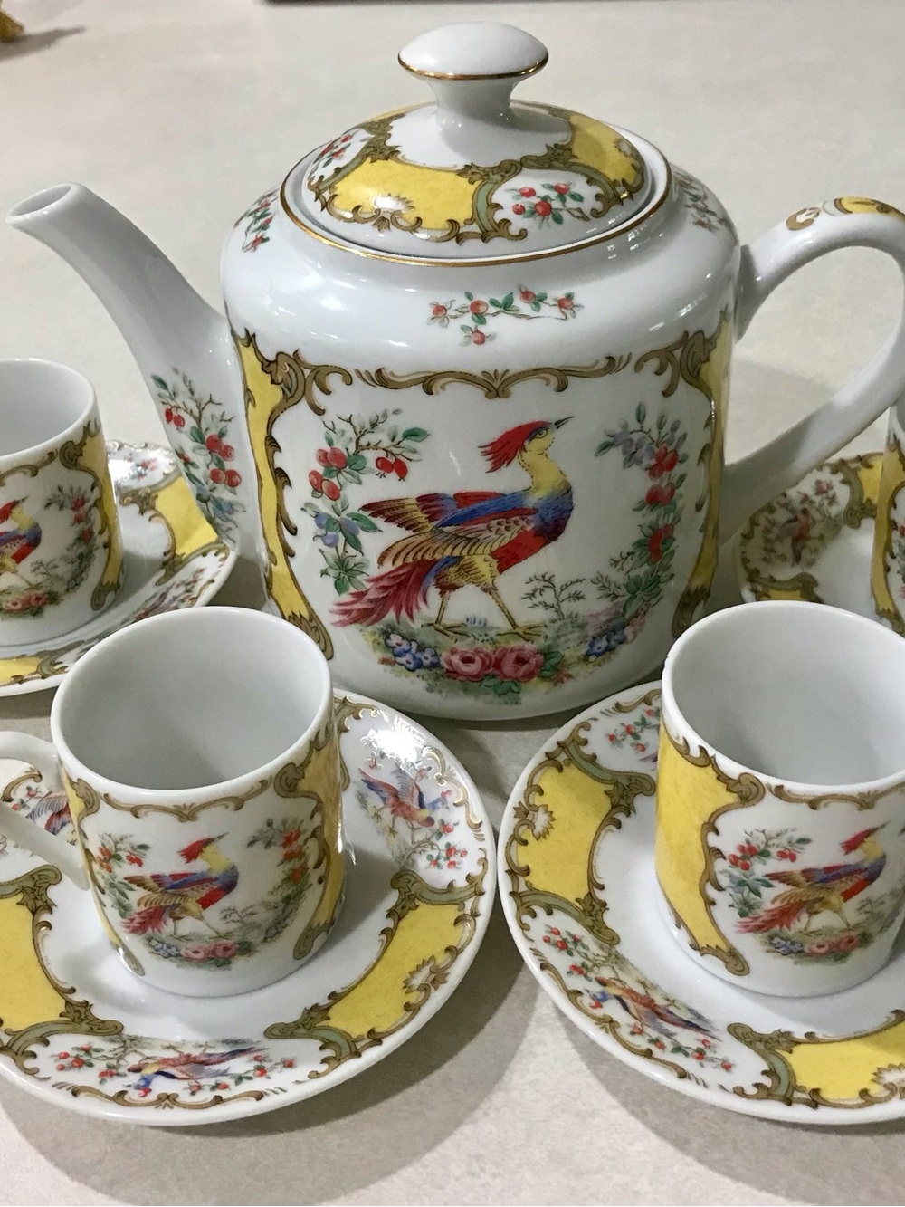 Andrea By Sadek Yellow and Gold Porcelain Tea Set with Bird Motif